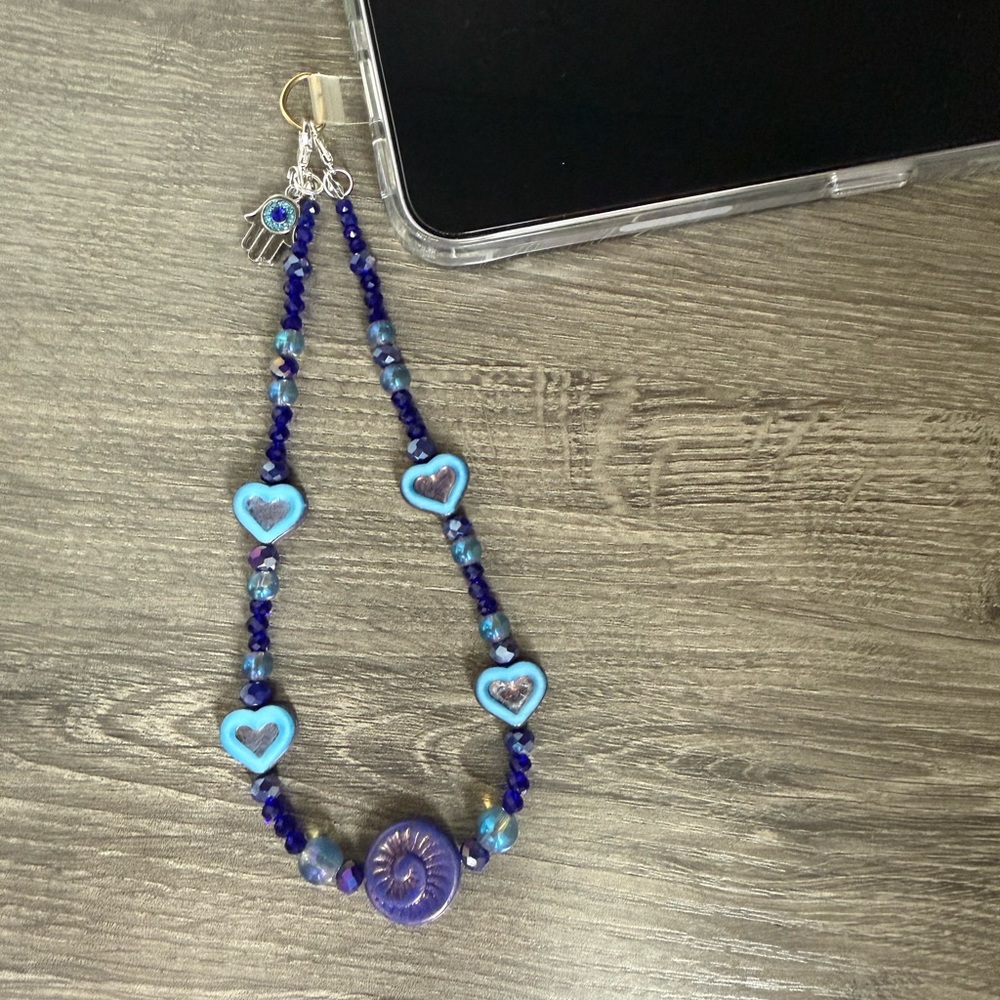 Handmade Blue Heart Beaded Phone Charm/ Strap
